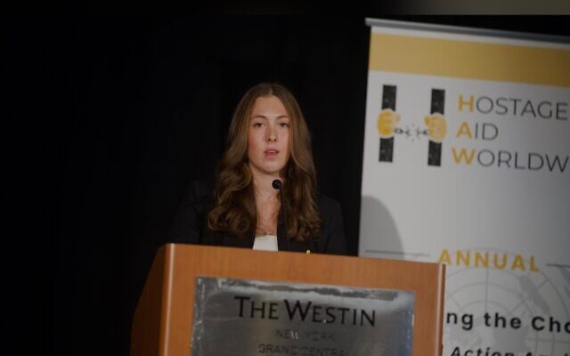 Former Hamas hostage Naama Levy speaks in New York City, September 19, 2025. (Luke Tress/Times of Israel)